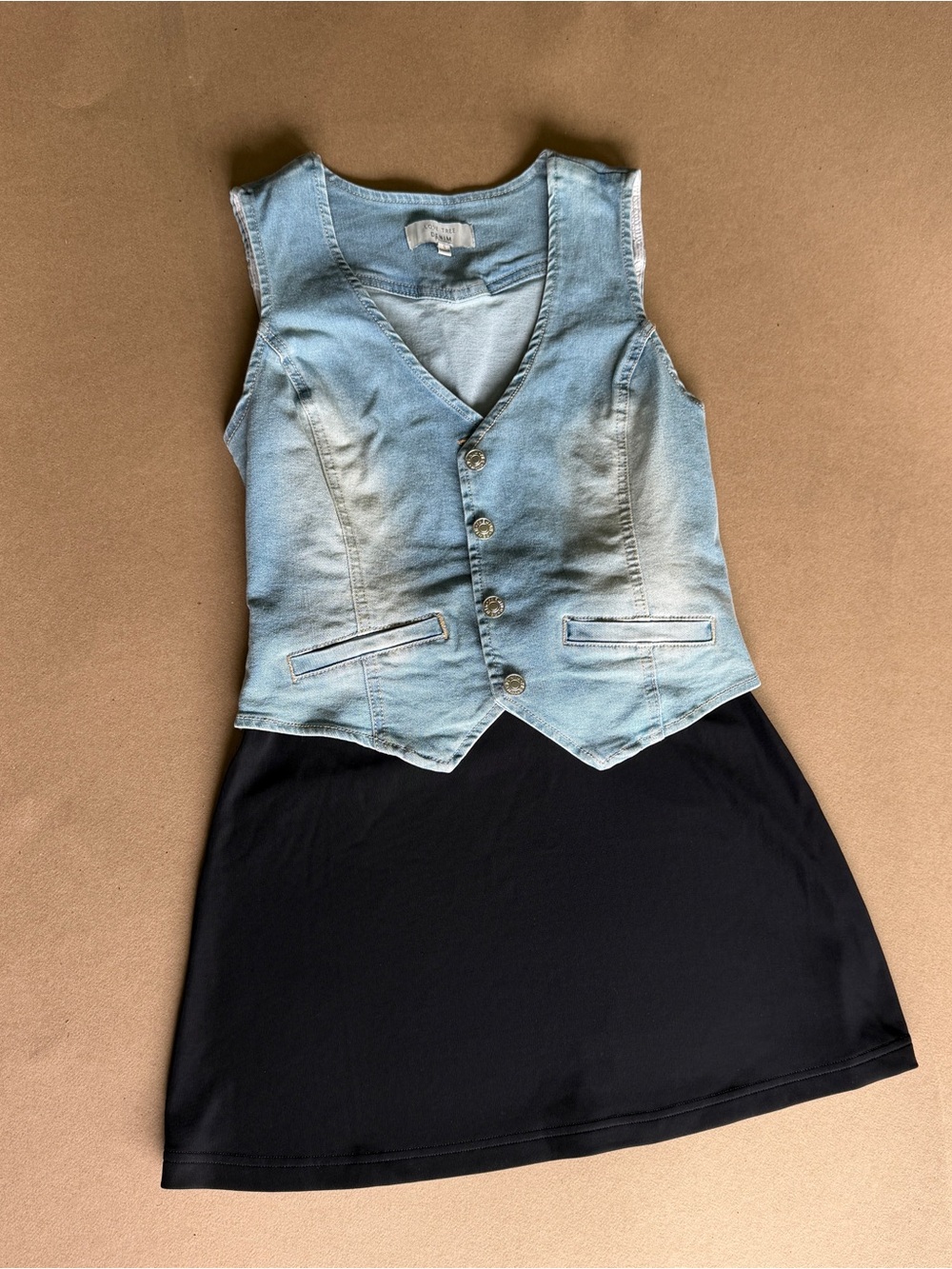 Love Tree Light Blue Denim Vest & Black Skirt